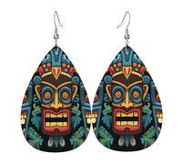 Leather Teardrop Earrings For Women, Colorful Tiki Mask Pattern Lightweight Dangle Earrings Fashion Jewelry Gifts For Women Ladies