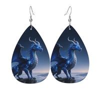 Leather Teardrop Earrings For Women, Cool Blue Dragon Standing On The Cliff Edge Lightweight Dangle Earrings Fashion Jewelry Gifts For Women Ladies