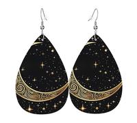 Leather Teardrop Earrings For Women, Crescent Moon Pattern On Black Background Lightweight Dangle Earrings Fashion Jewelry Gifts For Women Ladies