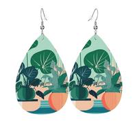 Leather Teardrop Earrings for Women, Cute Cartoon Green Plant Print Lightweight Drop Earrings Jewelry Accessories