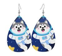 Leather Teardrop Earrings For Women, Cute Husky Astronauts On Space Lightweight Dangle Earrings Fashion Jewelry Gifts For Women Ladies