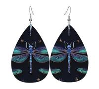 Leather Teardrop Earrings For Women, Dragonfly Pattern Dark Blue Lightweight Dangle Earrings Fashion Jewelry Gifts For Women Ladies