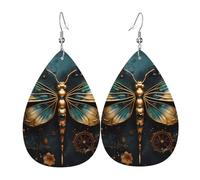 Leather Teardrop Earrings for Women, Gold color delicate Dragonfly flower Print Lightweight Drop Dangle Earrings Fashion Jewelry Gift