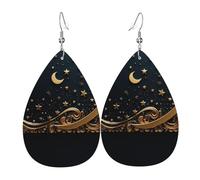 Leather Teardrop Earrings For Women, Golden Background And Crescent Moon Lightweight Dangle Earrings Fashion Jewelry Gifts For Women Ladies