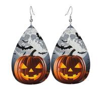 Leather Teardrop Earrings For Women, Halloween Moon Bat Pumpkin Lightweight Dangle Earrings Fashion Jewelry Gifts For Women Ladies