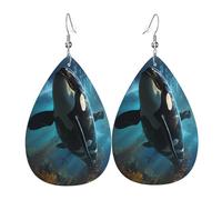 Leather Teardrop Earrings for Women, Huge killer whales Print Lightweight Drop Dangle Earrings Fashion Jewelry Gift