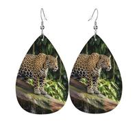 Leather Teardrop Earrings For Women, Jaguar Cat On Tree Trunk Waterfall Lightweight Dangle Earrings Fashion Jewelry Gifts For Women Ladies