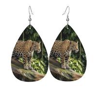 Leather Teardrop Earrings For Women, Jaguar Cat On Tree Trunk Waterfall Lightweight Dangle Earrings Fashion Jewelry Gifts For Women Ladies