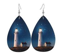 Leather Teardrop Earrings For Women, Lighthouse Under Starry Night Sky Lightweight Dangle Earrings Fashion Jewelry Gifts For Women Ladies