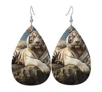 Leather Teardrop Earrings For Women, Majestic Tiger Resting On A Rock With Cloudy Sky Lightweight Dangle Earrings Fashion Jewelry Gifts For Women Ladies