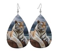 Leather Teardrop Earrings For Women, Majestic Tiger Resting On A Rock With Cloudy Sky Lightweight Dangle Earrings Fashion Jewelry Gifts For Women Ladies