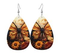 Leather Teardrop Earrings for Women, orange yellow butterfly field flowers Print Lightweight Drop Dangle Earrings Fashion Jewelry Gift