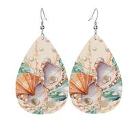 Leather Teardrop Earrings For Women, Pearl Shell Seaweed Illustration Lightweight Dangle Earrings Fashion Jewelry Gifts For Women Ladies
