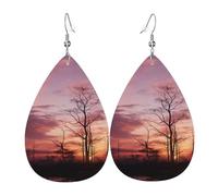 Leather Teardrop Earrings For Women, Pink Dusk Background Lightweight Dangle Earrings Fashion Jewelry Gifts For Women Ladies