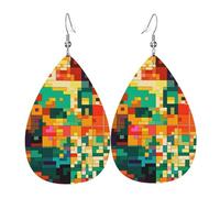 Leather Teardrop Earrings For Women, Pixel Art Pattern Lightweight Dangle Earrings Fashion Jewelry Gifts For Women Ladies