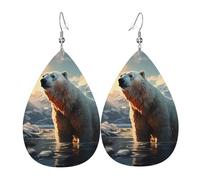 Leather Teardrop Earrings for Women, Polar bear in winter Print Lightweight Drop Dangle Earrings Fashion Jewelry Gift