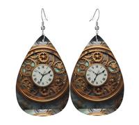 Leather Teardrop Earrings For Women, Rusty Steampunk Clock Lightweight Dangle Earrings Fashion Jewelry Gifts For Women Ladies