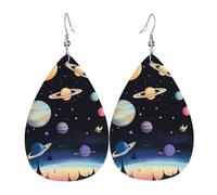 Leather Teardrop Earrings for Women, Saturn Jupiter Earth Print Lightweight Drop Dangle Earrings Fashion Jewelry Gift
