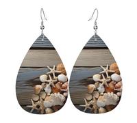 Leather Teardrop Earrings For Women, Seashells On Wooden Board Lightweight Dangle Earrings Fashion Jewelry Gifts For Women Ladies