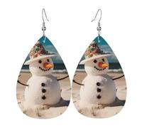 Leather Teardrop Earrings For Women, Snowman With Seashells Sitting On Sandy Beach Lightweight Dangle Earrings Fashion Jewelry Gifts For Women Ladies