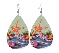 Leather Teardrop Earrings For Women, Starfish And Seaweed Illustration Lightweight Dangle Earrings Fashion Jewelry Gifts For Women Ladies