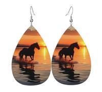 Leather Teardrop Earrings For Women, Sunsets Lake Horses Lightweight Dangle Earrings Fashion Jewelry Gifts For Women Ladies