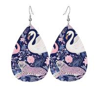 Leather Teardrop Earrings for Women, Swan Flamingo Floral Print Lightweight Drop Earrings Jewelry Accessories