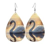 Leather Teardrop Earrings for Women, Swan Floating On Water Print Lightweight Drop Earrings Jewelry Accessories