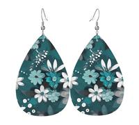 Leather Teardrop Earrings for Women, Teal Grey and White Floral Print Lightweight Drop Dangle Earrings Fashion Jewelry Gift