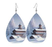 Leather Teardrop Earrings for Women, Winter Landscape Print Lightweight Drop Earrings Jewelry Accessories