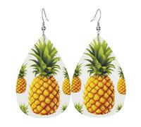 Leather Teardrop Earrings For Women, Yellow Pineapple On White Background Illustration Lightweight Dangle Earrings Fashion Jewelry Gifts For Women Ladies