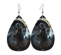 Leather Teardrop Earrings Lightweight Dangle Drop Earrings For Women - Cool Grim Reaper Night Skull Moon, White