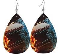Leather Teardrop Earrings Lightweight Dangle Drop Earrings For Women - Fire Water Softball Burning Baseball, White