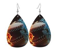 Leather Teardrop Earrings Lightweight Dangle Drop Earrings For Women - Fire Water Softball Burning Baseball, White