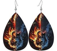 Leather Teardrop Earrings Lightweight Dangle Drop Earrings For Women - Flaming Burning Guitar Red Blue Fire, White