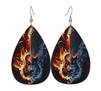 Leather Teardrop Earrings Lightweight Dangle Drop Earrings For Women - Flaming Burning Guitar Red Blue Fire, White