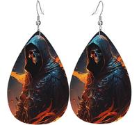 Leather Teardrop Earrings Lightweight Dangle Drop Earrings For Women - Grim Reaper On Fire Burning, White