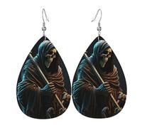 Leather Teardrop Earrings Lightweight Dangle Drop Earrings For Women - Grim Reaper With Scyth Skull, White