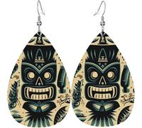 Leather Teardrop Earrings Lightweight Dangle Drop Earrings For Women - Hawaiian Tiki Tribal Retro, White