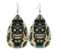Leather Teardrop Earrings Lightweight Dangle Drop Earrings For Women - Hawaiian Tiki Tribal Retro, White