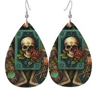 Leather Teardrop Earrings Lightweight Dangle Drop Earrings For Women - Magic Skull Cards Witches Tarot Flower, White