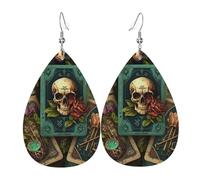 Leather Teardrop Earrings Lightweight Dangle Drop Earrings For Women - Magic Skull Cards Witches Tarot Flower, White