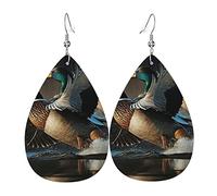 Leather Teardrop Earrings Lightweight Dangle Drop Earrings For Women - Mallards Duck Cool Hunting, White
