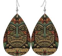Leather Teardrop Earrings Lightweight Dangle Drop Earrings For Women - Retro Tiki Tribal Hawaiian Vintage, White