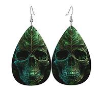 Leather Teardrop Earrings Lightweight Dangle Drop Earrings For Women - Skull Green Leaf Weed, White