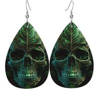 Leather Teardrop Earrings Lightweight Dangle Drop Earrings For Women - Skull Green Leaf Weed, White