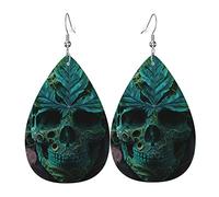 Leather Teardrop Earrings Lightweight Dangle Drop Earrings For Women - Skull Leaf Weed Green Head, White