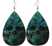 Leather Teardrop Earrings Lightweight Dangle Drop Earrings For Women - Skull Leaf Weed Green Head, White