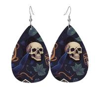 Leather Teardrop Earrings Lightweight Dangle Drop Earrings For Women - Skull Witches Tarot Magic Skulls, White