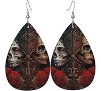 Leather Teardrop Earrings Lightweight Dangle Drop Earrings For Women - Skulls Lovers Day Of The Dead Red Roses, White